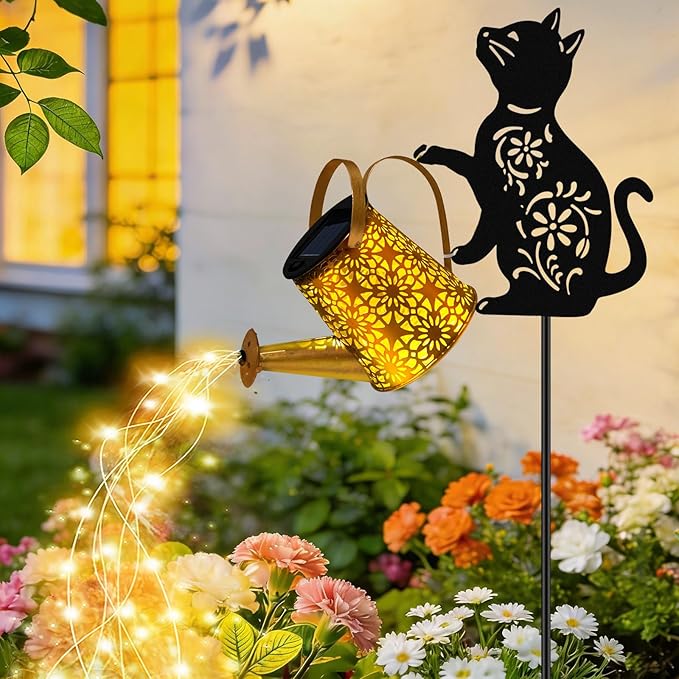 VOOKRY Solar Watering Can Lights Outdoor with Cat Silhouette Stake, Garden Gifts for Mom, Women & Garden Lovers Waterproof Metal Garden Lantern, Decorative Yard Patio Lawn Pathway Decor(1 Pack)