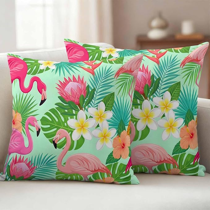Pink Flamingos Outdoor Pillow Covers 24"x24" Set of 2, Tropical Palm Leaf Hibiscus Flower Green Plant Waterproof Throw Pillow Covers for Patio Furniture, Decorative Cushion Covers for Porch