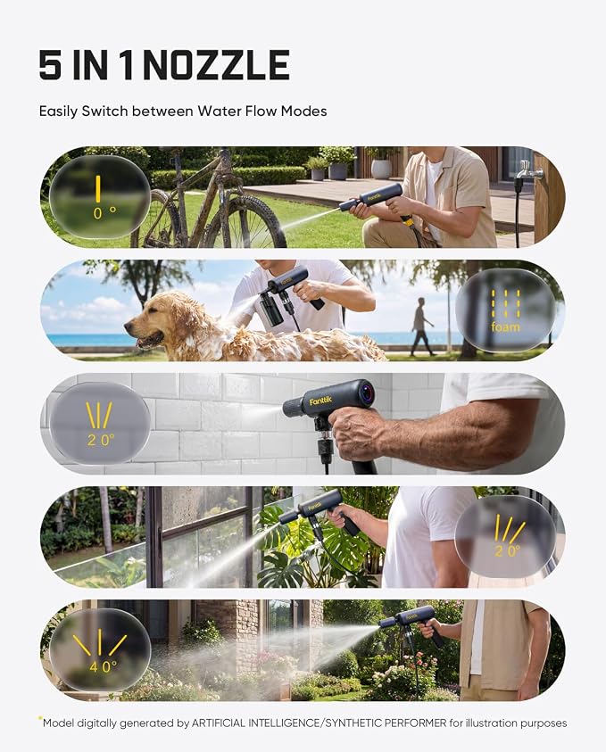 Fanttik NB10 Flip Foldable Washer Gun, Portable Cordless Washer Sprayer, Multi-Scenario Compatibility, 5-in-1 Nozzle, HD LED Display and Type-C Charging, for Light Washing Jobs