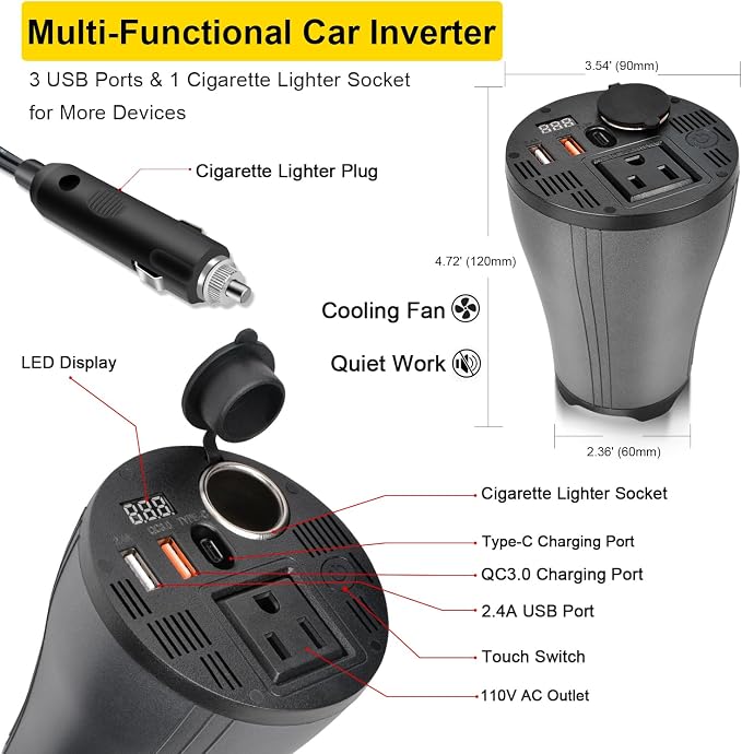150W Car Power Inverter, DC 14V to AC 110V for Tesla & 12V Vehicles, Cup Holder Design Car Charger with Type C Led Display Screen Dual USB Quick Charge 3.0 and AC Outlets Cigarette Lighter Outlet