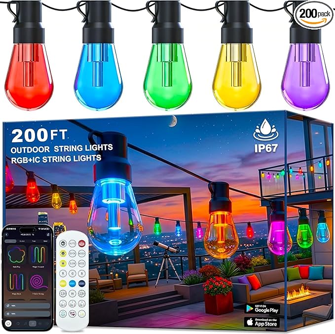 Outdoor String Lights,200FT Smart RGB+IC Patio Lights with Shatterproof LED Bulbs ,Outside Light Dimmable Patio for Decor DIY IP67 Waterproof ,Courtyard, garden,Holiday,LED lights more Scene Modes
