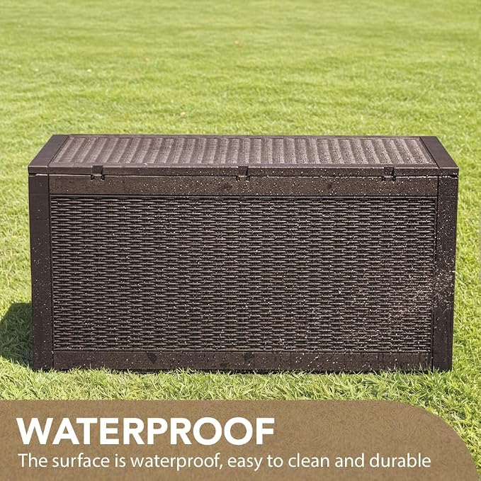 Devoko 95 Gallon Deck Box Large Resin Outdoor Storage Box, Waterproof and UV Resistant Lockable for Outdoor and Patio, Large Storage Cabinet for Patio Furniture, Garden Tools and Pool Supplies, Brown