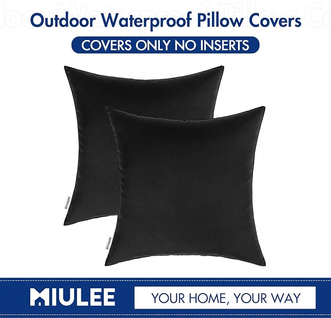 MIULEE Decorative Outdoor Waterproof Pillow Covers 24x24 Black | Decorative Patio Furniture,Pack of 2,Accent Square Euro Soild Throw Pillow Covers,Summer Garden Tent Couch Sofa