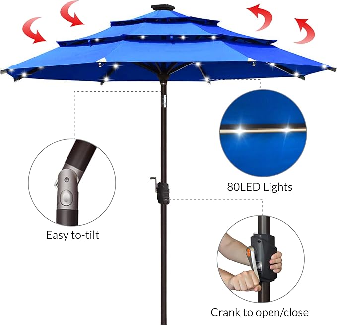 EliteShade USA 10-Year-Non-Fading 9ft 3-Tier Market Patio Umbrella, Commercial Table Umbrella with 80 Solar LED Lights, Crank Open, Windproof & UPF 50+ UV Protection for Garden, Deck, Pool, Backyard, Royal Blue
