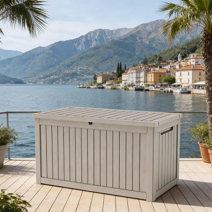 Outdoor Waterproof Resin Storage Deck Box Lockable Outside Bench UV Resistant Bin Patio Porch Furniture Pool Float Garden Tool Cushion (Grey, 280 Gallon)