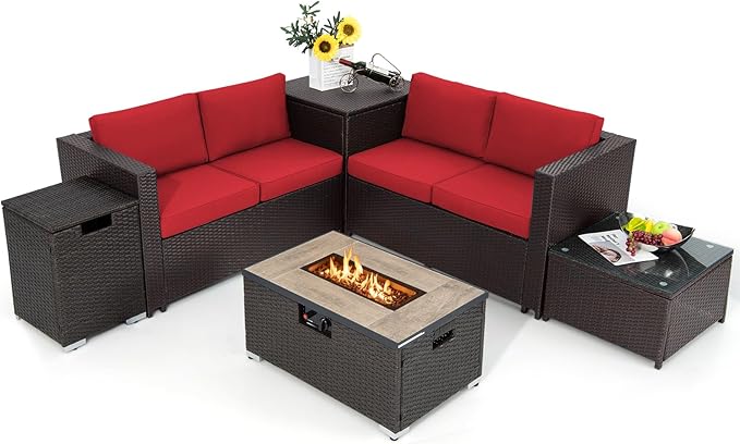 Tangkula 6 Pieces Patio Wicker Furniture Set with 32 Inches Propane Fire Pit Table and Tank Holder, Outdoor Conversation Set with Storage Box and Coffee Table, 2 Waterproof Covers Included (Red)