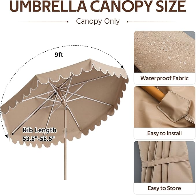 Scalloped Patio Umbrella Replacement Canopy Outdoor Boho Midcentury Market Umbrella Top Cover UV Protection for Patio Beach, Canopy Only