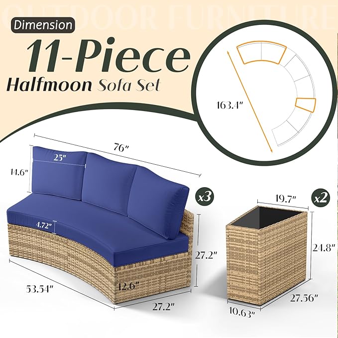 PaPaJet 11-Piece Patio Furniture Set, Half-Moon Outdoor Wicker Sectional Sofa with Large Storage Wedge Table, All-Weather Wicker Conversation Set for Backyard, Garden, or Deck, Blue