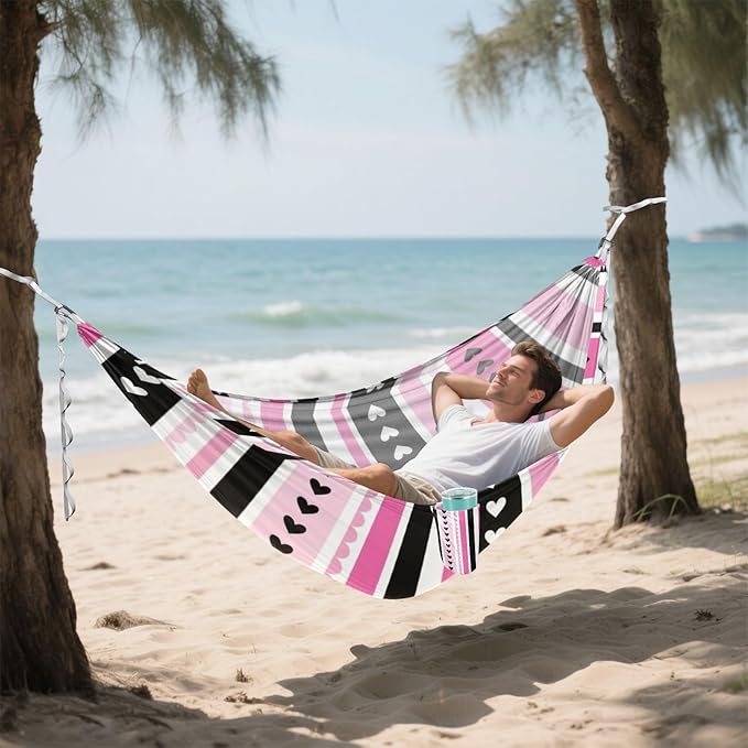 Black and Pink Valentine Heart Stripes 330lb Capacity Hammocks with Tree Straps Hanging Hammock for Outside Beach Patio Garden macas mexicanas de Patio para Adulto