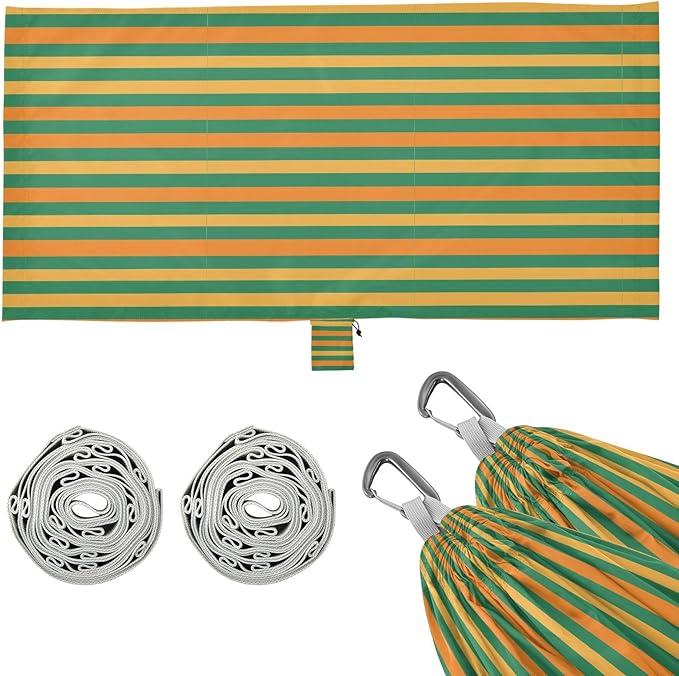 Camping Hammock Outdoor Hammocks for Outside Green Orange Stripe Beach Trees Portable Lightweight with Pockets Tree Straps Indoor