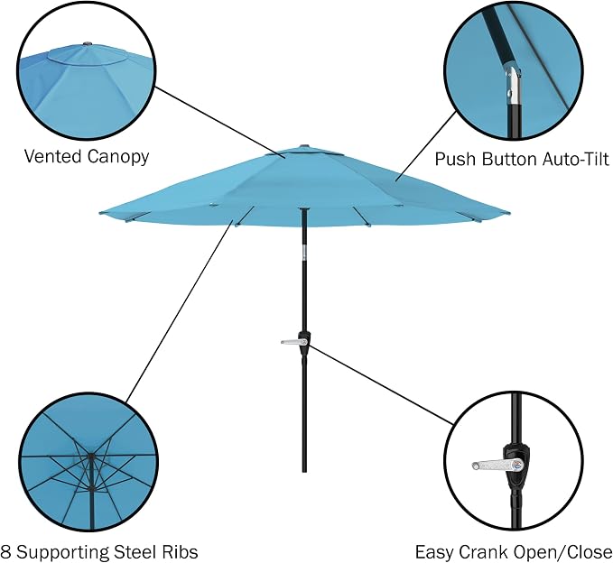 Alaterre Furniture Okemo 8 Piece Outdoor Dining Set with Umbrella - Solid Acacia Wood Outdoor Furniture Set with 63” Patio Table, 6 Patio Chairs, and 10ft Blue Umbrella