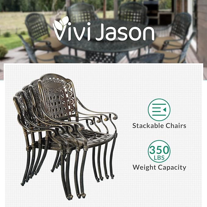 VIVIJASON 9-Piece Outdoor Furniture Dining Set, Rust-Free Cast Aluminum Patio Conversation Set, Include 8 Chairs & 61" Round Dining Table with 31" Lazy Susan, Umbrella Hole for Lawn Garden