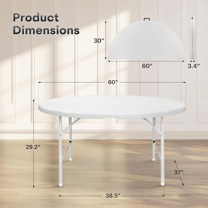 Athena Collection 5ft Folding Table, Portable Plastic Round Table Foldable Card Desk, Indoor Outdoor Collapsible Craft Desk Dining with Lock & Handle for Commercial Party Camping, White Legs