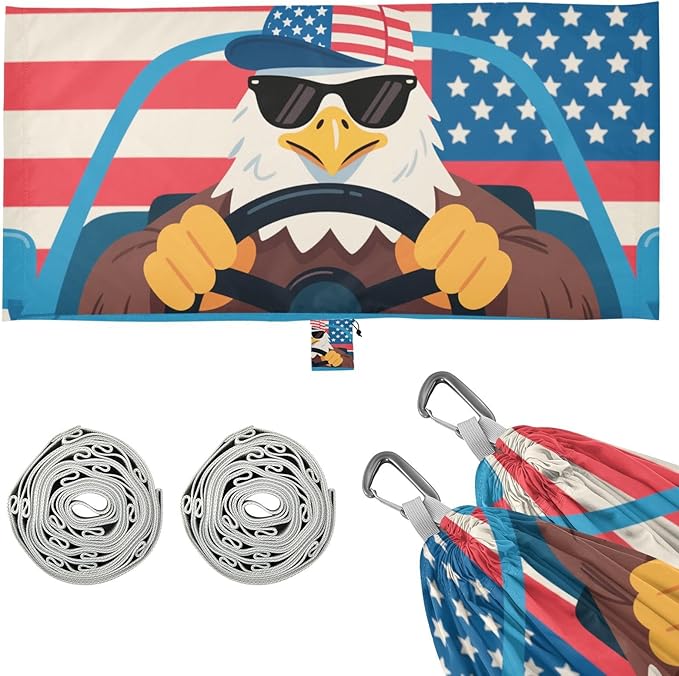 Cartoon Cute Brown Bird 4th of July Independence Day 330lb Capacity Outdoor Hammock with Portabl Carry Bag Portable Hammock for Outside Patio Garden macas mexicanas de Patio para Adulto
