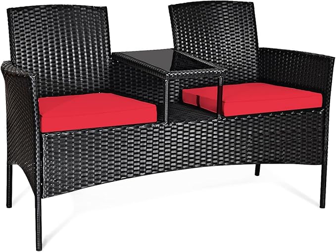 DORTALA Outdoor Patio Loveseat, Wicker Conversation Set with Cushions and Built-in Coffee Table, 2 Person Rattan Seating for Garden Lawn Backyard, Black+Red