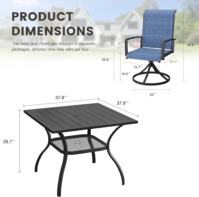 Outdoor Dining Set for 4, 37.8" Outdoor Dining Table with Umbrella Hole and Padded Textilene Patio Swivel Chairs, 5 Pieces Patio Table and Chairs Set for Garden Backyard, Dark Blue and Black