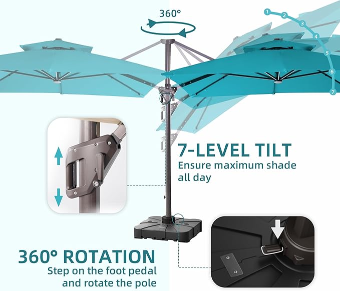 9 X 12 FT Cantilever Outdoor Patio Umbrella with Base Included Large Heavy Duty 360° Rotation Double Top Offset Rectangular Umbrellas with LED Lights for Backyard Outside Deck, Turquoise