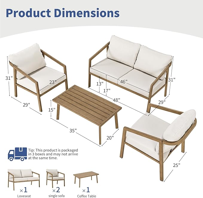 Patio Conversation Sets, 4 Piece Patio Furniture Sets with Loverseat、Armchair Sofa & Coffee Table, Aluminum Modern Outside Sectional Furniture for Garden, Backyard, Porch (Brown)