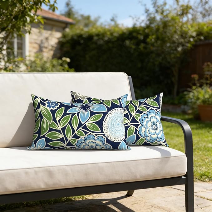Outdoor Lumbar Pillows with Insert 12x20 Inch, Waterproof Throw Pillow for Patio Furniture, Decorative Lumbar Cushions for Garden Home Sofa Office Chair, Set of 2, Azure Botanical Symphony