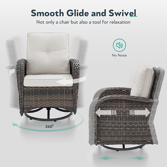 Outdoor Swivel Glider Rocker Chairs - 3 Piece Patio Furniture Set, Patio Bistro Sets with Tempered Glass Side Table, for Balcony, Porch - Brown Wicker, Beige Cushion
