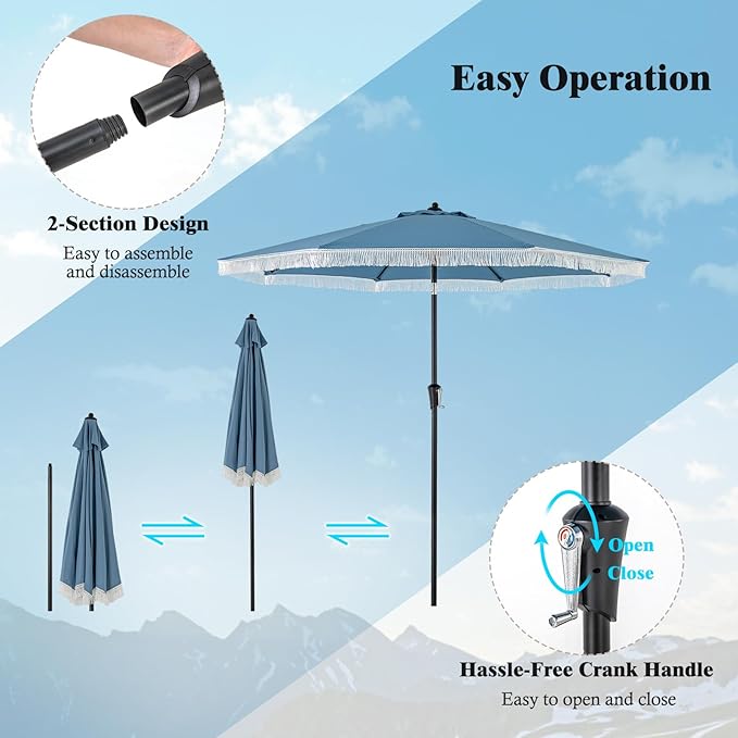 Tangkula 9Ft Patio Umbrella with Fringe, 2-Tier Outdoor Boho Umbrella with Tassels, Crank Handle, Push Button Tilt, Sun-Protective Canopy, 8 Ribs for Deck Backyard Poolside