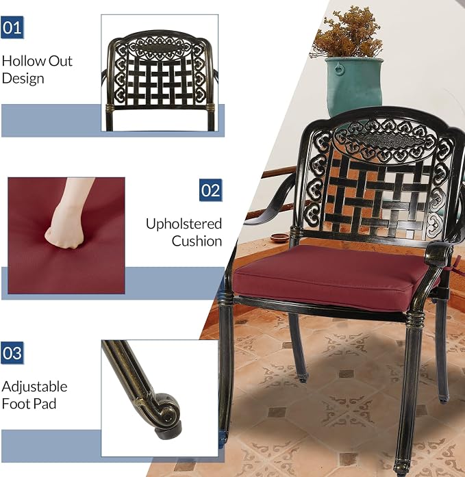 9-Piece Patio Cast Aluminum Dining Set, Outdoor Table and Chairs Set for 8, Includes 94.5" Rectangular Dining Table and 8 Cushioned Chairs with Umbrella Hole for Backyard Lawn Garden, Red