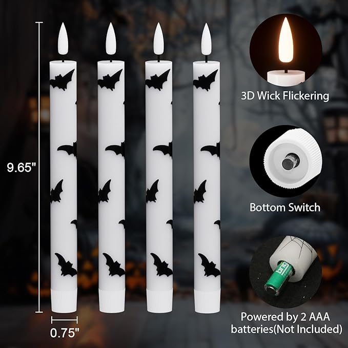 Eldnacele Halloween Flameless Taper Flickering Candles with Remote and Timer, Battery Operated Bats Decal Real Wax 3D Wick LED Candles White 4 Pack for Fireplace Holiday Spooky Halloween Decor