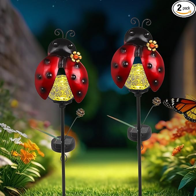 Solar Garden Ladybug Stakes Lights 2 Pack Outdoor Waterproof Metal Ladybug Decorations for Outside Yard Landscape Lawn Ornaments Lady Bug Garden Decor Unique Solar Light Decorative Gardening Gifts