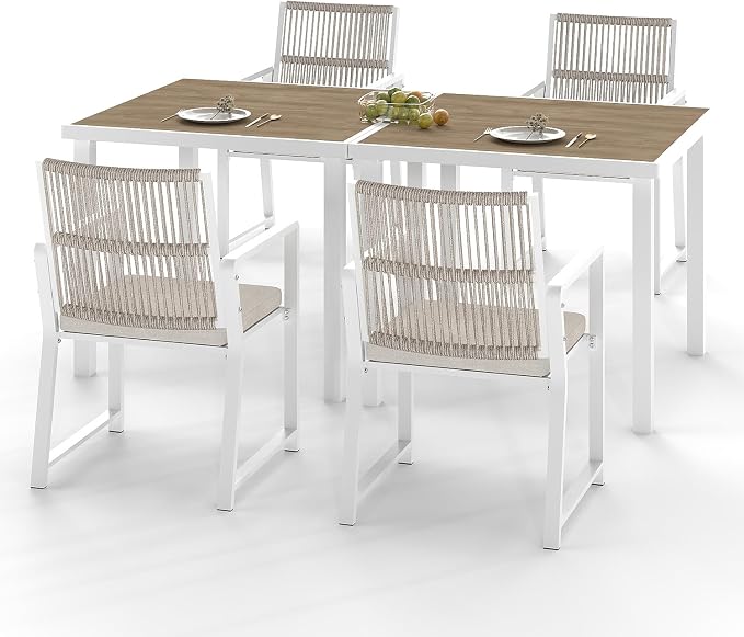 6 Pieces Metal Outdoor Dinning Set Featuring 2 Tables and 4 Ratten Chairs Waterproof and Rust-Proof Courtyard Style Table Garden Balcony Poolside, White 6 Pcs