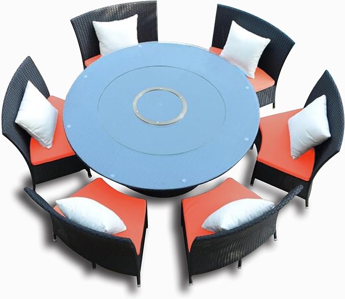 Manhattan Comfort Nightingdale 7 Piece Outdoor Dining Set with Round Glass Lazy Susan | Includes 6 Rattan Chairs, Water-Repellent Cushions and Toss Pillows, Patio Furniture, Black/Orange/White