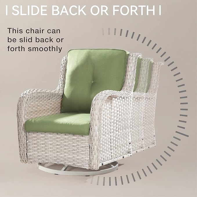 Joyside Outdoor Swivel Rocker Patio Chairs Set of 2 and Matching Side Table - 3 Piece Wicker Patio Bistro Set with Premium & Soft Fabric Cushions(Light Grey/Green)