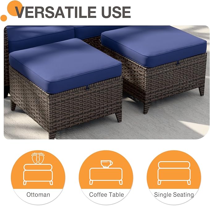 COOS BAY Harbor Retreat 5 Piece Outdoor Furniture Set, Patio Conversation Set with w/Swivel Rocking Chairs, 3 Seat Couch and Ottomans, Wicker Furniture, Brown/Blue
