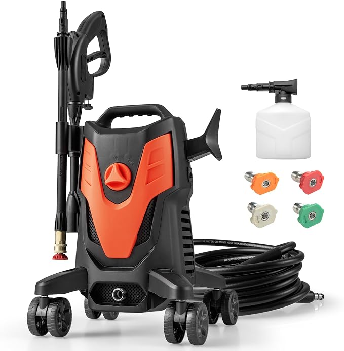 COSTWAY Electric Pressure Washer with 4 Universal Wheels, 2400 PSI High Pressure Cleaner Machine with 4 Nozzles and Soap Bottle, 1.7 GPM Portable Washer for Car, 3 Self-Priming Ways (Orange+Black)