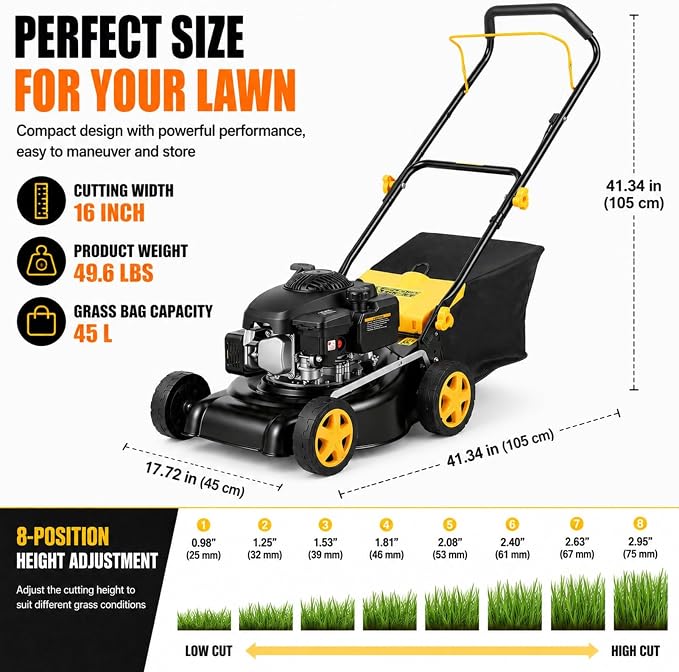 16-Inch Gas Lawn Mower, Push Walk-Behind Lawn Mower with 132cc 4-Stroke Air-Cooled Engine, 8-Position Height Adjustment, 45L Grass Bag, Black Yellow (MAX)