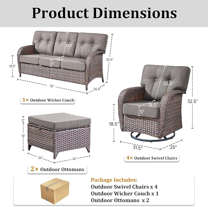 7-Piece Wicker Patio Furniture Set with 5-Inch Thick Cushions Weather Resistant Rattan High Back Swivel Rocker Chairs Senior Friendly Conversation Set for Small Porch Deck Sunroom Brown/Grey