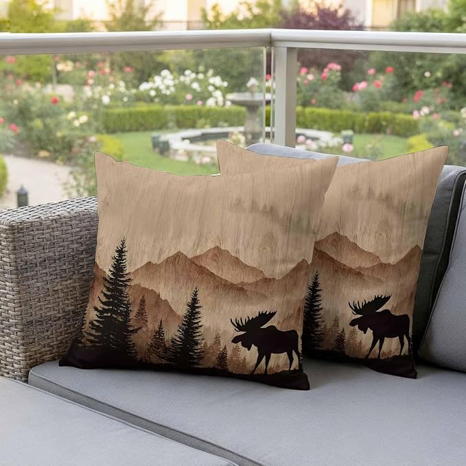 Moose Silhouette Outdoor Pillow Covers 18"x18" Set of 2, Nature Mountain Landscape Waterproof Throw Pillow Covers for Patio Furniture, Decorative Cushion Covers for Porch