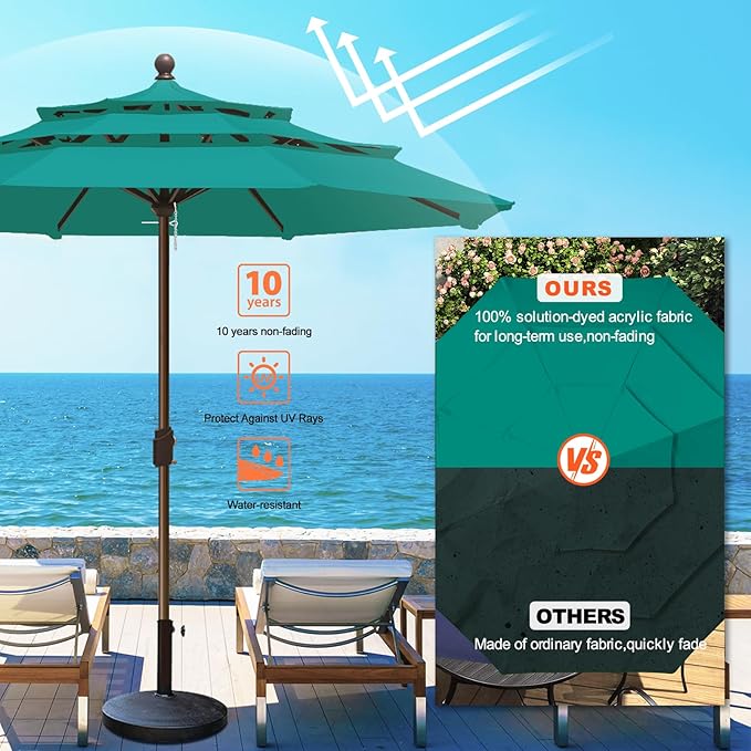Eurmax USA 10-Year-Non-Fading 10FT 3-Tier Outdoor Patio Market Umbrella,UPF50+ UV Resistant,Heavy Duty Commercial Grade,Crank Lift Design,Windproof Vented Top for Garden,Pool,Deck,Teal