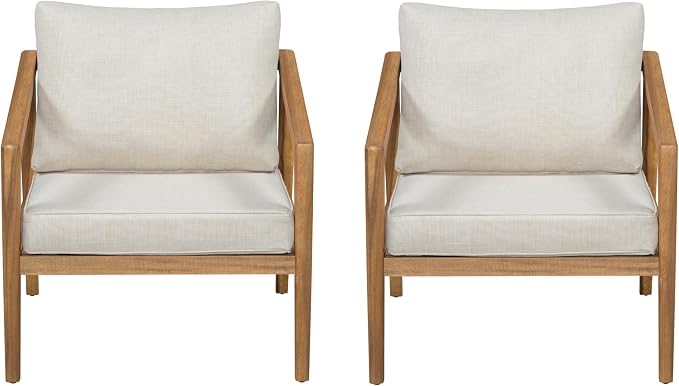Merax 2 Piece Patio Outdoor Furniture Set, All-Weather Acacia Wood Armchairs w/Coushions, Club Chair for Porch, Lawn, Backyard, Balcony Teak+ Beige