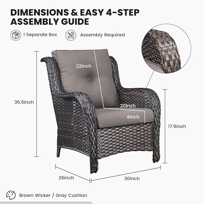 Belord High Back Patio Chairs Set of 2 - Brown Wicker Chairs Outdoor Seating, 4" Wide Armrests Rattan Outdoor Club Chair with Grey Removable Cushion for Deck Porch Backyard