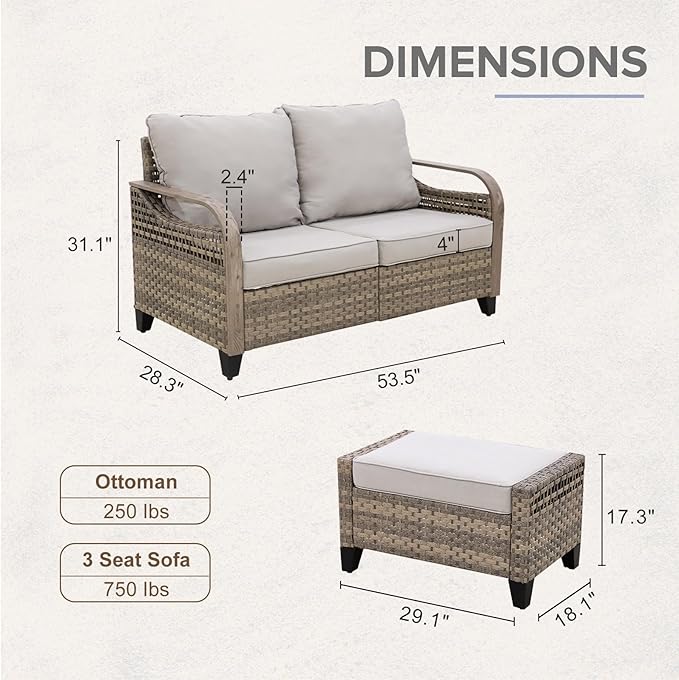 COOS BAY Modern Wicker Outdoor Furniture Set, 3 Piece Patio Conversation Set with a Loveseat and 2 Ottomans, 3 Piece, Brown/Gray