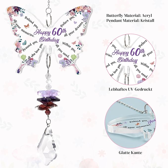 Funnli 60th Birthday Gifts for Women Suncatcher, 60th Birthday Decorations | 60 Year Old Bday Gift for Friends Sister Mom Grandma Window Hangings Home Decoration