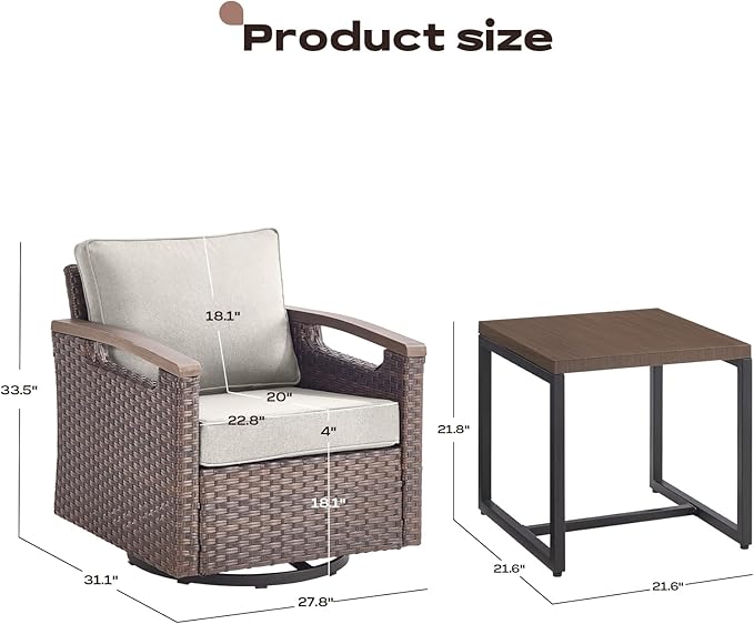 Rilyson 6 Piece Outdoor Patio Swivel Rocking Chairs, All Weather Wicker, Metal Armrest, Deep Seating, Thick Cushions, Side Table, Ideal for Deck Porch Backyard, Brown/Beige