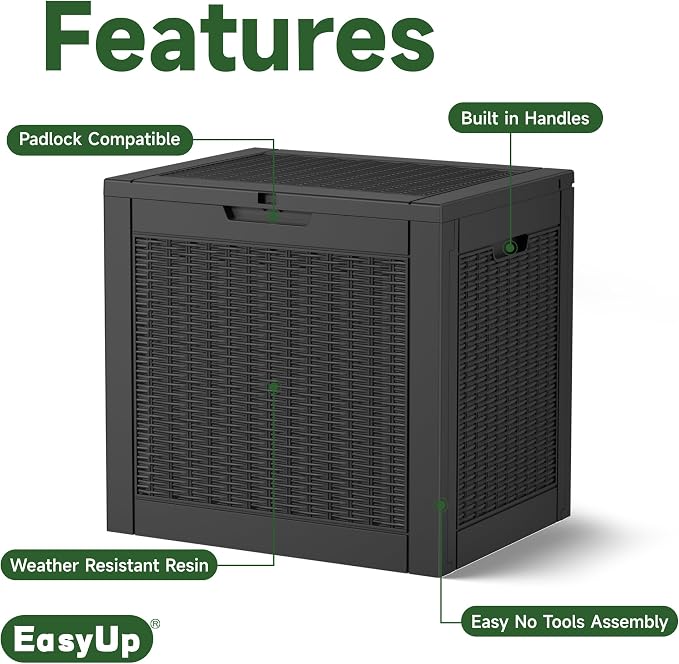 EasyUp 34 Gallon Resin Deck Box Waterproof, UV Resistant Outdoor Storage Box for Delivery, Garden, Patio,and Porch, Rattan Black