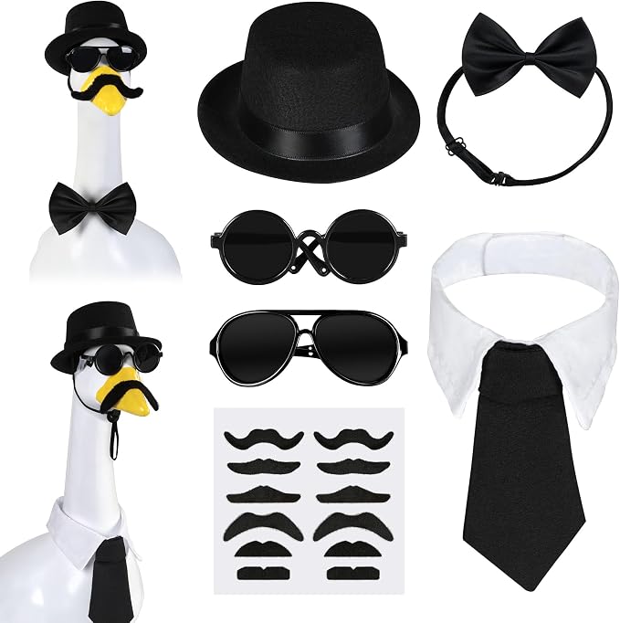 Porch Goose Statue 7pc Accessory Combination Set, Gentleman Goose Accessories Kit with Top Hat Bow Tie Sunglasses Strap for 23 Inch Goose, Black Formal Style Yard Decor (Black Formal 7PC)