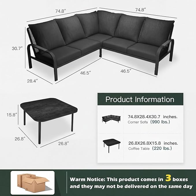 4-Piece Aluminum Outdoor Furniture Set with Coffee Table – 2-Seat Sofa with Cushions, All-Weather Metal Frame, Perfect for Patio, Garden, and Balcony,Beige (Grey, Corner Sofa Set)