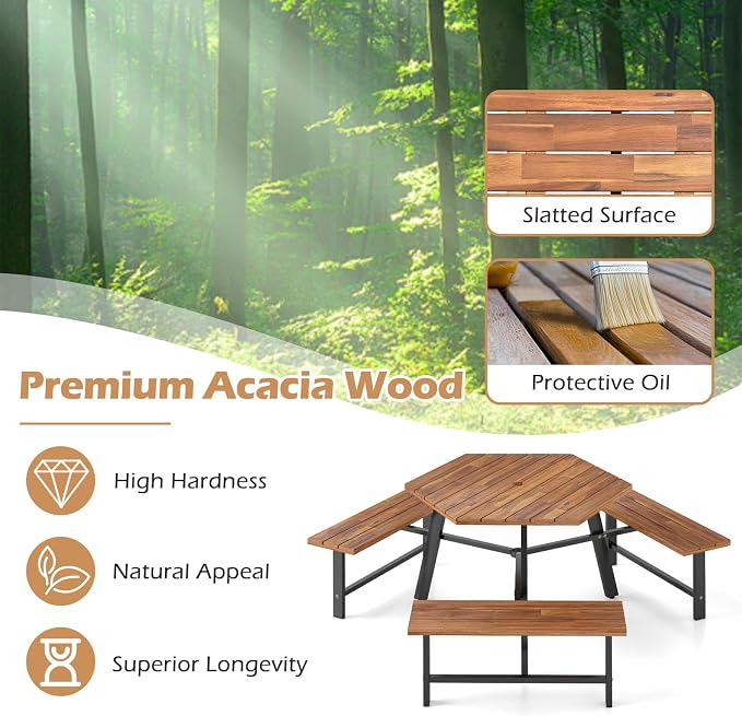 Giantex Picnic Table Bench Set for 6, Acacia Wood Outdoor Dining Table Set with 3 Seats, 1.97" Umbrella Hole, 1720 LBS Capacity, Heavy Duty Metal Frame, for Front Porch Patio Lawn Garden