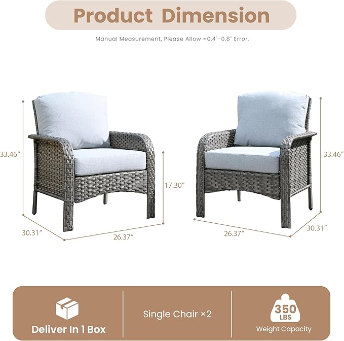 2 PCS Outdoor Patio Furniture Set with Thickened Cushions, All-Weather Rattan Wicker Outdoor Conversation Set for Porch,Backyard,Balcony,Grey
