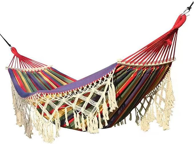 Backyard Hanging Hammock with Tassels, 500lb Load Capacity, Single Double Size 102x59in - Lightweight Foldable Outdoor Cotton - Polyester Blend for Garden, Patio, Camping Relaxat (Red)