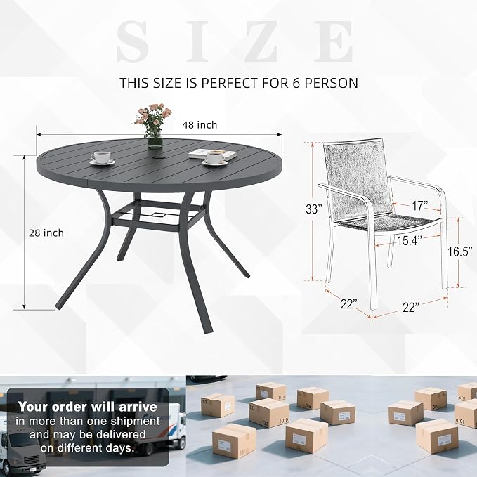 7 Piece Outdoor Navy Stacking Chairs and 48" Round Table Patio Dining Set | 6 Person Use, 6 Piece Stackable Chairs, Textilene Seat & Back, Round Slat Table Top, 1.56"-1.9" Umbrella Hole, All Weather