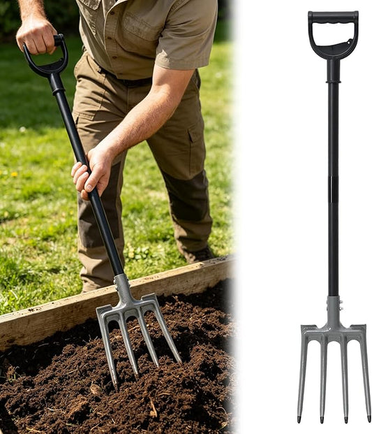 Pitch Fork, 46 inch Garden Fork with Metal 4 Tines & Ergonomic D Handle, Heavy Duty Pitchforks for Gardening Digging Composting Soil Loosening